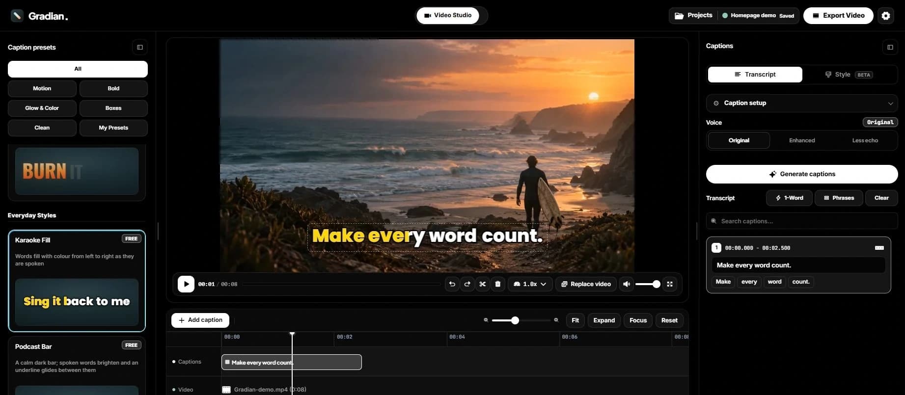 Gradian Studio with an editable transcript, a caption preview and a word timeline.